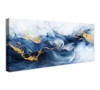 Cadre en Bois Impression sur Toile Vague de Mer Bleu Marine Dorée Tableau Peinture Affiche Decoration Murale Image Aquarelle Océanique Abstrait Tableau Decoration Murale Salon Chambre 50x120cm