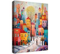 Cadre en Bois Impression sur Toile Ville Colorée Tableau Affiche Decoration Murale Image sur Toile Maison Fantastique Arbres Tableau Decoration Murale Salon Chambre à coucher Salle à Manger 30x40cm