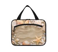 Cadre en coquillages, étoile de mer et galets de mer sur le sable de plage - 1 trousse de toilette de voyage à suspendre avec poignées, organisateur de maquillage portable, étui de rangement pour