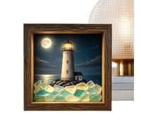 Cadre En Verre De Mer - Art Mural Côtier, Affichage De Table Lumineux À LED | Vitrine En cystal Illuminée Avec Cadre En Bois Côtier | Bibliothèque D'entrée De Chambre À Coucher, Accent De Nuit Lumineux