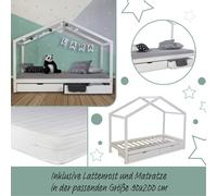 Lit D'Enfant avec matelas 90x200 Lit Maison Lit Cabane Lit Montessori Lit Bois Blanc Tiroir