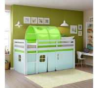 Cadre Lit superposé Enfant 90x200 cm Bois Massif Rideau Tunnel Vert Homestyle4u