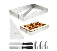 Cadre pâtisserie rectangulaire réglable, Moule à gâteau rectangulaire en acier inoxydable, moule gâteau rectangulaire avec séparateur, spatule, poche à douille et douilles, pour pâtisserie