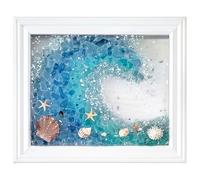 Cadre photo à faire soi-même - Motif vague de l'océan - Avec coquillages et étoiles de mer - Cadre blanc - Verre transparent - 18 x 2 x 23 cm - Fragments de verre colorés inclus pour collage