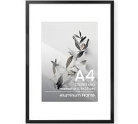 Cadre photo A4 en aluminium noir - 21 x 29,7 cm - Avec passe-partout pour impressions A5, certificats, documents, affiches avec verre trempé - Pour accrocher au mur verticalement et horizontalement