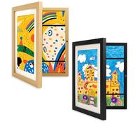 Cadre photo A4 pour enfants avec ouverture sur le devant, affichage d'images en portrait ou paysage, cadre de rangement pour enfants pour dessin et travaux manuels (1, bois + noir)