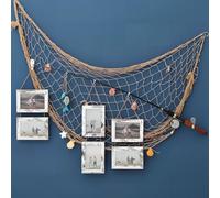 Cadre photo en bois avec filet de pêche, véritable canne à pêche de 43,2 cm avec six cadres de 15,2 x 10,2 cm, 198,1 x 99,1 cm, filet de poisson naturel et cadre photo de ferme, cadeau pour cabane