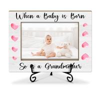 Cadre photo en bois « When A Baby Is Born So Is A Grandmother » - Cadeau pour la première fois - Cadeau pour une nouvelle grand-mère - Cadre photo de 10,2 x 15,2 cm avec support en fer pour table de