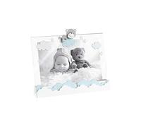Cadre photo en mdf avec baguette et décorations nounours et nuages en azur et blanc - Taille photo 13x18 cm