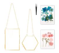 Cadre photo flottant rectangulaire à suspendre - Cadre en laiton hexagonal - En cuivre - À suspendre au mur - Pour fleurs séchées - Double verre - Herbier