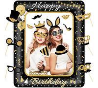Cadre Photo Gonflable Anniversaire avec 16Pcs Accessoires Photobooth, Cabine Photo Joyeux Anniversaire Or Noir, Cadre Selfie de Fête pour Décoration Anniversaire