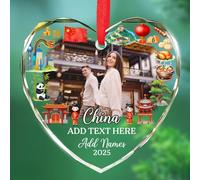 Cadre photo ornements en verre de Noël, décoration de paysage personnalisé de la grande muraille de Chine, symboles culturels chinois arbre de Noël souvenir en verre, texte et nom personnalisés pour