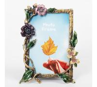 Cadre photo ovale décoratif avec bordure florale rose, blanc et bleu marine, orné de cristaux (fleurs, 10 x 15 cm)
