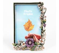 Cadre photo ovale décoratif avec bordure florale rose, blanche et bleu marine, orné de cristaux (fleur violette, 10 x 15 cm)