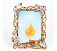 Cadre photo ovale décoratif avec bordure florale rose, blanche et bleu marine, orné de cristaux (oiseau et fleur, 12,7 x 17,8 cm)