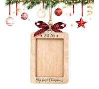 Cadre photo « 's First Christmas 2026 » - Décoration de sapin souvenir en | Souvenir commémoratif « First Christmas » de 5,146 cm, artisanat en bois naturel, corde de suspension pré-cordée