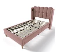 Cadre rembourré avec tête de lit à panneaux, ports Type C et USB, textile agréable au toucher, base résistante bois naturel, montage rapide, esthétique épurée (Rose Velours Sans matela,90x200cm)