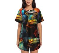 CADREWY Chameleon Listen Music Print Vêtements de plage Vêtements de nuit pour femmes à manches courtes Ensemble de pyjama doux pour les quatre saisons, Noir/blanc, 3XL