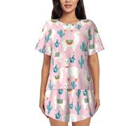 CADREWY Ensemble de pyjama doux à manches courtes et imprimé lama cactus pour femmes pour les quatre saisons, Noir/blanc, 4XL