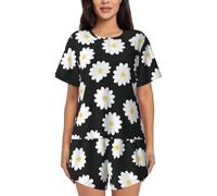 CADREWY Ensemble de pyjama doux à manches courtes et imprimé marguerite blanche pour les quatre saisons, Noir/blanc, L