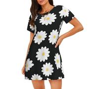 CADREWY Robe de nuit courte et douce à imprimé marguerite blanche 2 pour l'été, la maison, les sorties décontractées et respirante, Noir/blanc, XL