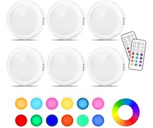 Cadrim 6 Pcs Lampe Placard de 1W, Lampe LED Veilleuse RGB 13 Couleurs Luminosité Lampe Murale sans fil Réglable Pour Cuisine, Chambre,Coiffeuse,lampe pile(batterie non incluse) avec 2 Télécommande