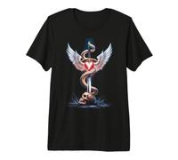 Caducée Épée Serpent Coeur Ailes Crâne 2 T-Shirt Haut de Gamme
