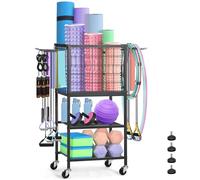 CADUKE Support d'Haltères et Rangement pour Tapis de Yoga avec Crochets et Roues - Support de Poids pour Haltères, Kettlebells, Bloc de Yoga, Rouleau en Mousse et Bande