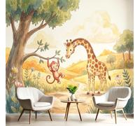 CAEITLRSO 3D Panoramique soie Mural, Papier Peint Contes De Fées Forêts Animaux, 450x315cm, Singe Girafe Grandes Murales Poster pour Salon, Couloir, Chambre, Étude Décoration, Jaune Clair