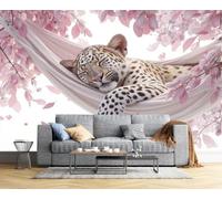 CAEITLRSO 3D Papier Peint Animaux Bohèmes Guérisseurs, Léopard Hamac Pétales Papier Peint Panoramique, Soie Murale Pour Salon Chambre Chambre D'Enfant Décoration Murale, 350x256cm, Rose