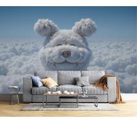 CAEITLRSO 3D Papier Peint Animaux Mignons Guérisseurs, Chien Blanc Nuage Papier Peint Panoramique, Soie Murale Pour Salon Chambre Chambre D'Enfant Décoration Murale, 250x175cm, Blanc