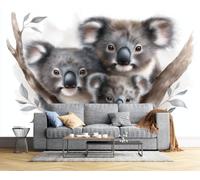 CAEITLRSO 3D Papier Peint Mignon Animal, Famille Forêt Koala Papier Peint Panoramique, Soie Murale Pour Salon Chambre Chambre D'Enfant Décoration Murale, 200x140cm, Gris Brunâtre