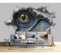 CAEITLRSO 3D Papier Peint Panoramique Animaux 3D Fantastiques, 200x140cm Briser Le Mur L'Œil Du Dinosaure Grandes Murales Poster pour Salon, Adulte Chambre d'enfants, Étude Décoration, Bleu Foncé