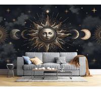 CAEITLRSO 3D Papier Peint Panoramique Mysticisme Obscur, 450x315cm Totems Du Soleil, De La Lune Et Des Étoiles Grandes Murales Poster pour Salon, Adulte Chambre d'enfants, Étude Décoration, Or Bronze