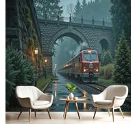 CAEITLRSO 3D Papier Peint Panoramique Paysages Rétro De Voyage, 250x175cm Nuit Pluvieuse Train Pont De Pierre Grandes Murales Poster pour Salon, Adulte Chambre d'enfants, Étude Décoration, Rouge Gris