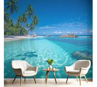 CAEITLRSO 3D Papier Peint Tropical Côtier, Cocotiers Eaux Peu Profondes Récifs Papier Peint Panoramique, Soie Murale Pour Salon Chambre Chambre D'Enfant Décoration Murale, 250x175cm, Turquoise