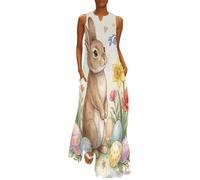 CAEITLRSO Femme Robe LongueLapins Mignons Maxi RobeŒufs De Pâques Fleurs avec Poches Col en V sans Manches Grande Taille pour FêTer Vacances Plage