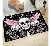 CAEITLRSO Paillasson Fantastique Mystique 60x90cm, Antidérapant Tapis Interieur Entrée, Absorbant Lavable, Fin Tapis de Sol pour Couloir, Cuisine, Chien, Cristal Crâne Ailé Étoile Et Lune, Rose Blanc