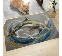 CAEITLRSO Paillasson Interieur Entree 45x75cm, Luxe Océan Tapis Antidérapant et Lavable en Machine, Saut Dauphin Tapis de Sol Douces Absorbantes pour Cuisine, Couloir, Or Bleu