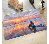 CAEITLRSO Paillasson Interieur Entree 60x90cm, Impressionnisme Paysage Marin Tapis Antidérapant et Lavable en Machine, Surf Fille Tapis de Sol Douces Absorbantes pour Cuisine, Couloir, Orange Chaud