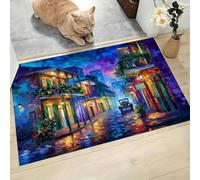 CAEITLRSO Paillasson Interieur Entree 80x120cm, Impressionnisme Scène De Rue Tapis Antidérapant et Lavable en Machine, Rétro Ville Tapis de Sol Douces Absorbantes pour Cuisine, Couloir, Bleu Violet