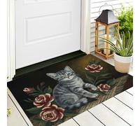 CAEITLRSO Paillasson Lavable Fleurs Classiques Animaux Mignons, Tapis d’entrée Motif Roses Chatons Tigrés, 40x60cm, antidérapant, résistant, intérieur, extérieur, Gris Rouge