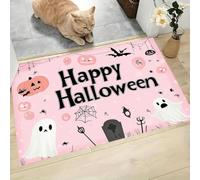 CAEITLRSO Paillasson Lavable Joyeux Halloween - Tapis d'Entrée de Flanelle 40x60cm - Antidérapant Doux pour intérieur Porche, Bain, Cuisine, Fantôme Pierre Tombale Citrouille, Rose Clair