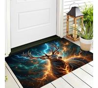 CAEITLRSO Paillasson TPR, Tapis d’entrée Fantastique Cyber, 60x90cm, antidérapant, résistant, Lavable, intérieur, extérieur, Bleu Glacier Orange, Foudre Cerf