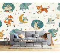 CAEITLRSO Papier Peint Animaux De La Forêt Dessins Animés, 3D Panoramique Papier Peint Lapin Renard Tigre, Papier Mural Decoratif Pour Salon, Chambre, Décoration Murale 250x175cm