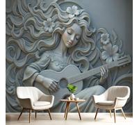 CAEITLRSO Papier peint Art panoramique, Papier peint Soie Musique Art Du Relief, 200x140cm Mur XXL Muraux Tapisserie Photo Décoration Murale Salon Chambre, Guitare Fille Pétales, Gris Clair