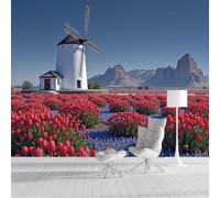 CAEITLRSO Papier Peint Campagne Fraîche Mer Fleurie 3D Panoramique Mural,Moulin À Vent Tulipe Papier Peint en soie Poster 350x256cm Décoration Murale Salon Chambre, Rouge Violet