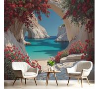 CAEITLRSO Papier Peint Panoramique 3D de Style Méditerranéen Soie Murale Bleu Rouge pour Salon Chambre d'enfants restaurant Décoration Murale Poster, Grottes Fleurs Sauvages Mer Bleue, 350x256cm