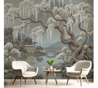 CAEITLRSO Papier Peint Panoramique 3D,Tissu de soie Peinture Classique Orientale De Paysage Photo Mural, 200x140cm Poster Salon Chambre Bureau Décoration de Maison, Fleuries Pavillon Ancien Lac