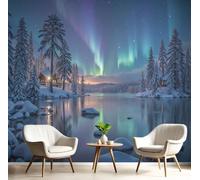 CAEITLRSO Papier Peint Panoramique Aurore Boréale Paysage Guérisseur, Aurore Boréale Cabane En Rondins Forêt Fresque Murale Soie - Décoration Murale Pour Salon, Chambre, Bureau - Vert Bleu, 300x210cm